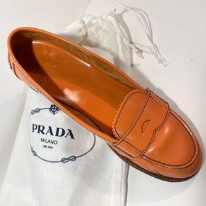 Prada, Orange Polished Leather, Penny Loafer ‘Sppazollato’, 8. Brown Stitching
